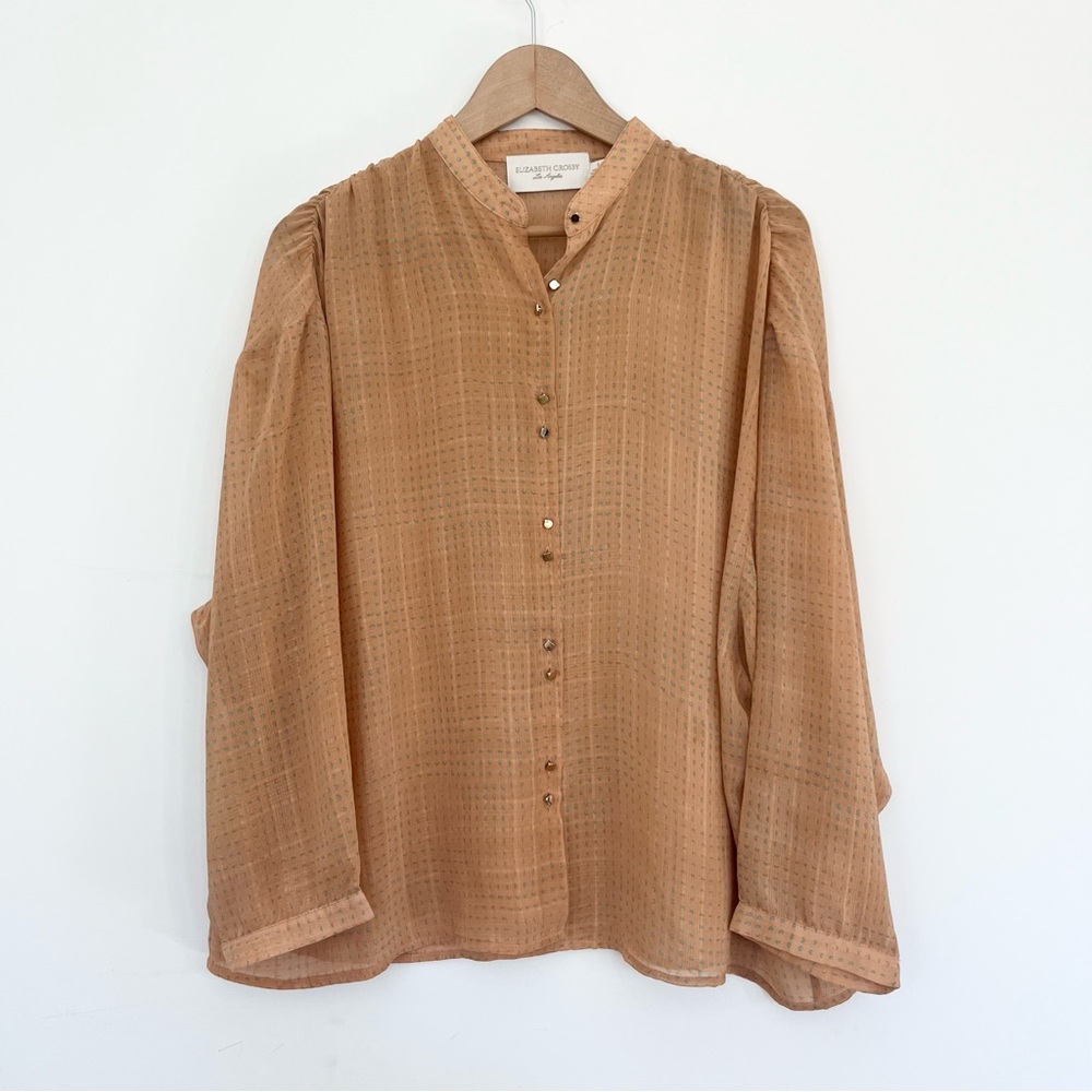 Elizabeth Crosby LA Sheer Geometric Top Peach Orange Blue Button-Up Blouse S